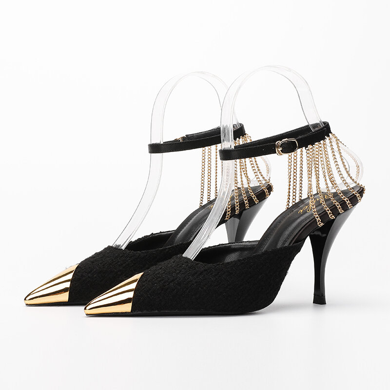Zapatos de tacón alto metalizados para mujer, sandalias sexys con punta larga y cadena, corte en V, para fiesta, verano, 2022