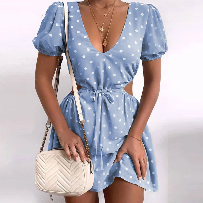 Vestido corto femenino de verano con manga corta, minivestido Sexy con estampado de lunares y cuello en V, cintura calado