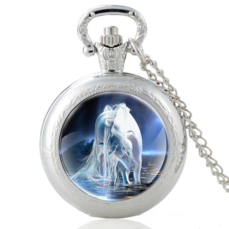 Jam Tangan Saku Kuarsa Pria Wanita Klasik Liontin Kuda Putih Kalung Jam Tangan Hadiah Perhiasan