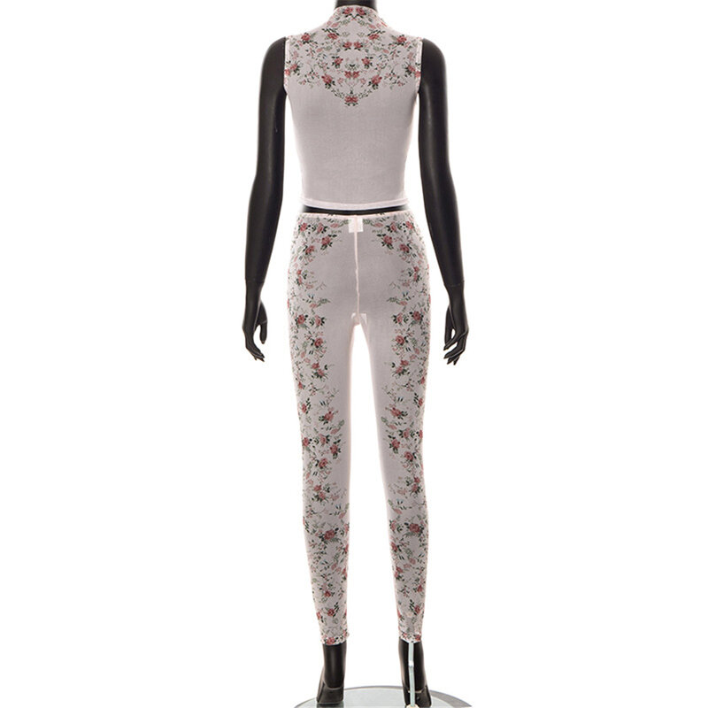 Sseurat floral impressão malha duas peças conjunto sem mangas ver através de alças finas + calças treino feminino combinando streetwear