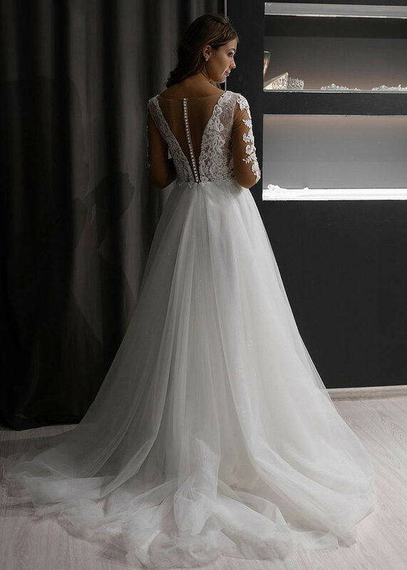 Elegant ชุดแต่งงาน2020แขนยาวชุดเจ้าสาวชายหาดงานแต่งงานชุดเจ้าสาว Plus ขนาด Boho V คอสีขาว Ivory Lace Appliqued