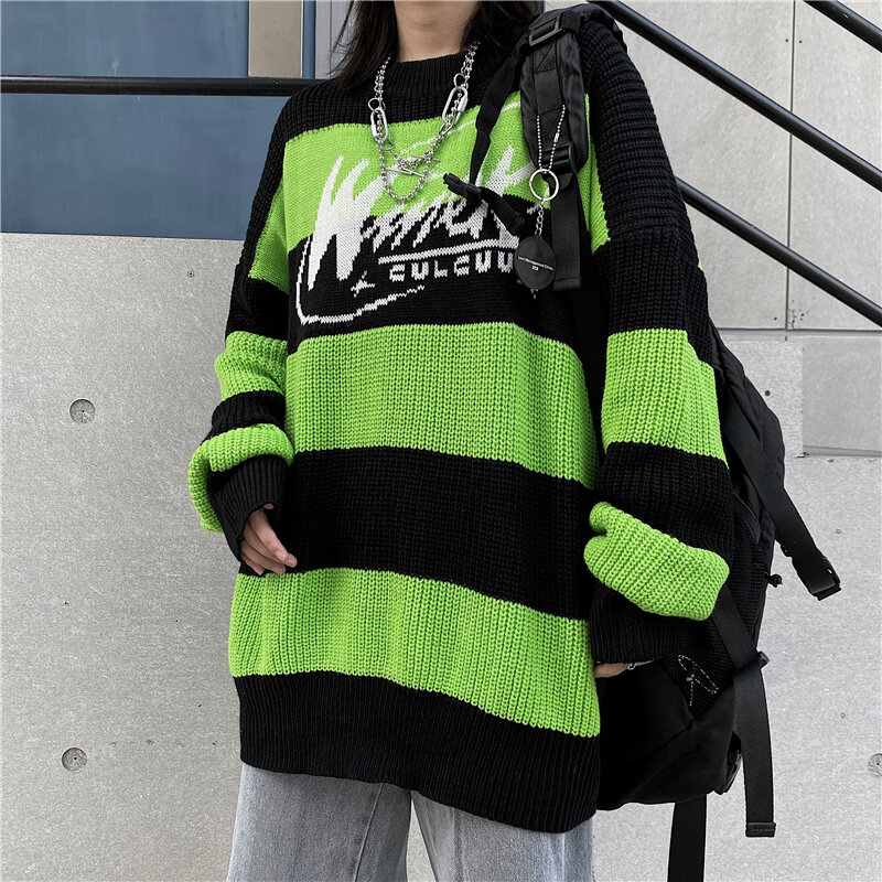 JESSIC Sweter Wanita Atasan Kasual Huruf Garis-garis Harajuku Pullover Musim Gugur Dropshipping Antik Punk Hip Hop Pakaian Streetwear