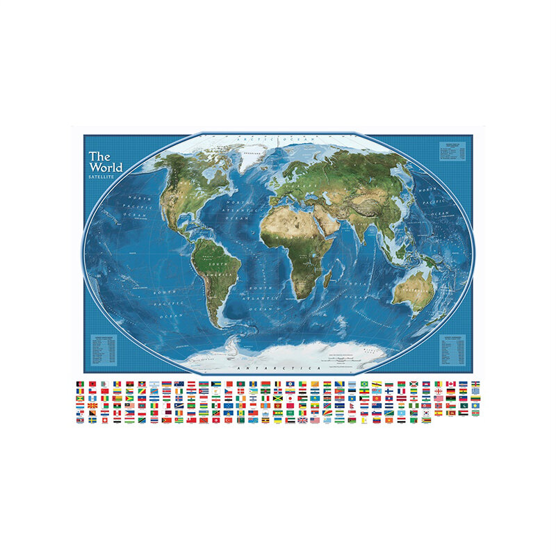 The World Satellite Map with The Largest Water Bodies and Landmasses Rank Posters and Prints World Map with National Flags