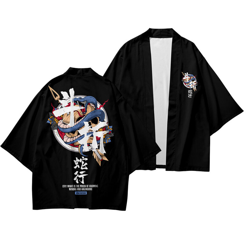 Men Black Snake Print Loose Japanese Streetwear Cardigan And Pant Harajuku Haori Kimono Cosplay Top Shirts Yukata