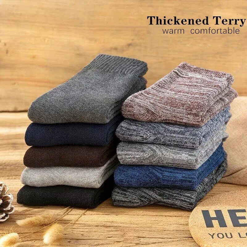 Meias masculinas de algodão, 5 pares/meias para homens meias de algodão tubo toalha meias de inverno grosso meias de neve de lã quente de alta qualidade