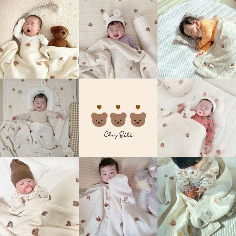 Couverture imprimée ours pour bébé et enfant, serviette de bain, 6 couches, en pur coton