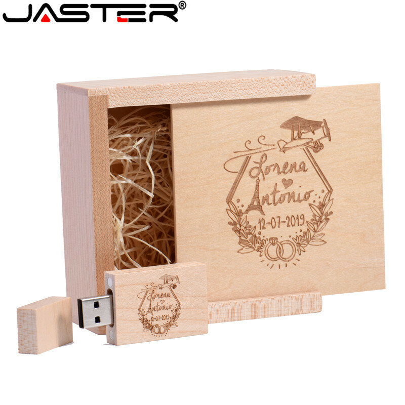 JASTER-memoria USB 2,0 de madera + caja usb flash drive, 4GB, 8GB, 16GB, 32GB, 64GB, regalos de boda, 10,5x10,5
