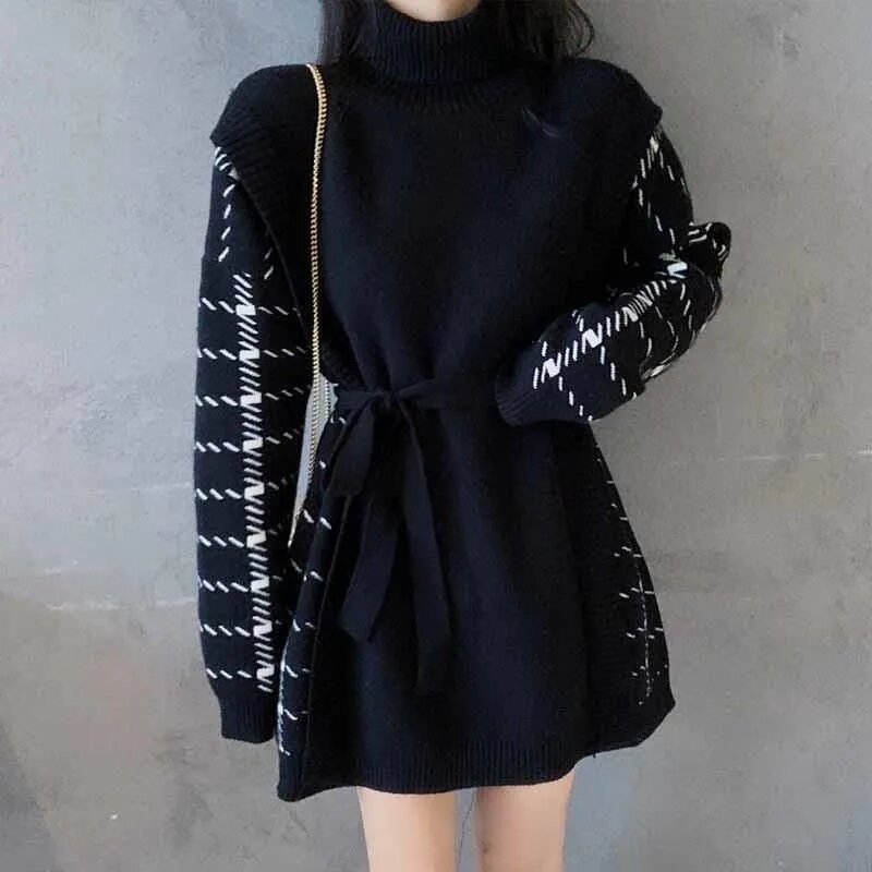 Plus tamanho pulôver camisola mulher nova outono inverno coreano moda magro casual falso duas peças all-match malha topos ropa mujer