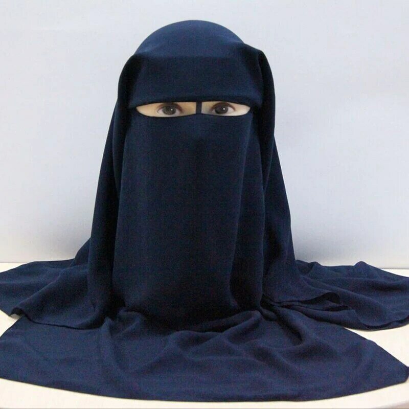H225 alta qualidade três camadas niqab chiffon com grade líquida muçulmano cobertura facial chapéu hijab puxar lenço islâmico gravata volta headcover