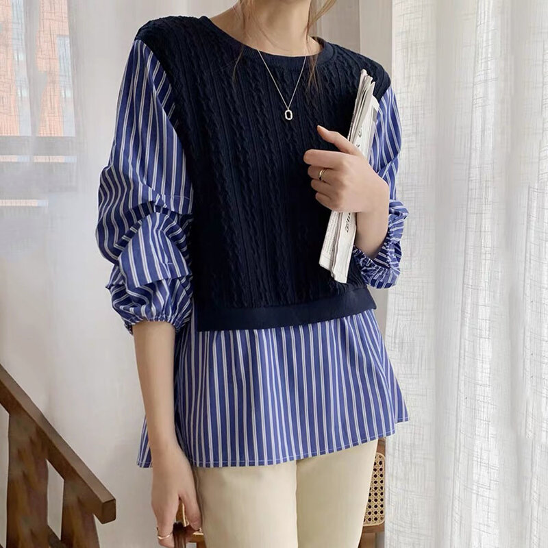 Blusa solta de duas listras falsas, moda coreana, temperamento para outono, blusa casual com 7 pontas, manga simples, gola redonda, novo, 2021
