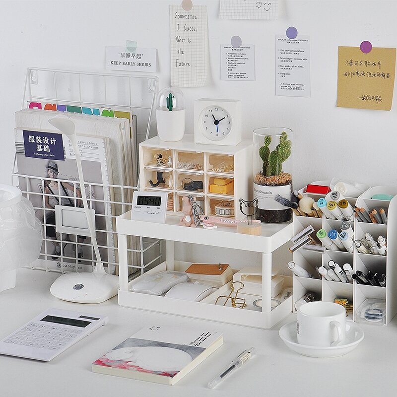 Estantes multifuncionales para escritorio, organizador de artículos diversos, de plástico, doble, para almacenamiento de cosméticos