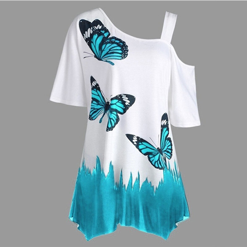 Mode Sommer Blusen Frauen Schmetterling Drucken Casual Schulter Unregelmäßigen Weiblichen Plus Größe Lose Bluse Shirt Blusas Femininas
