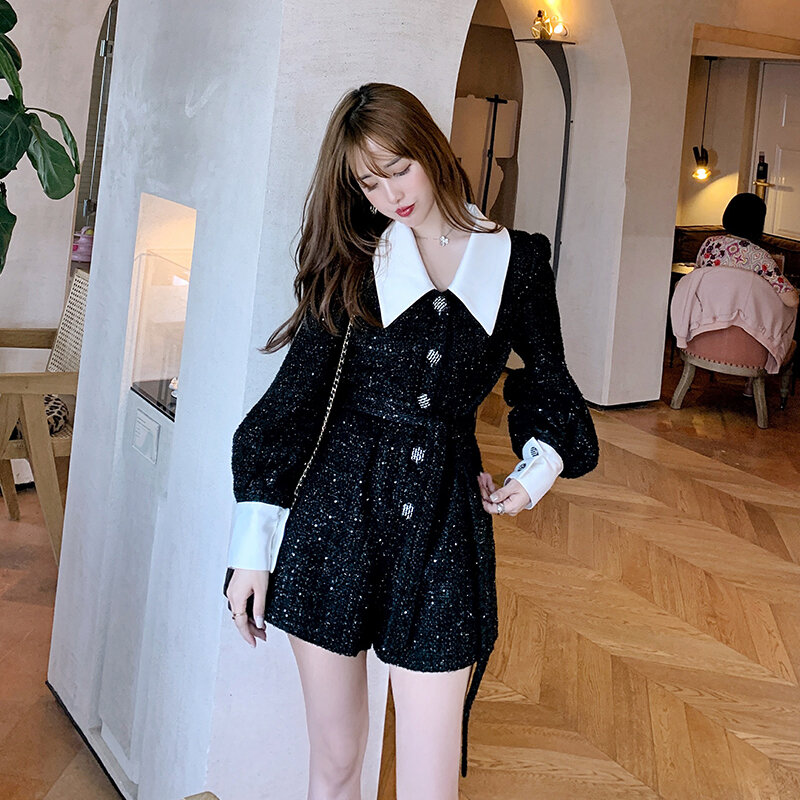 Women's Long Sleeve Lapel Plaid Tweed Playsuit 2020 Fall High Quality Elegant Single Breasted Women Black Jumpsuit and Romper