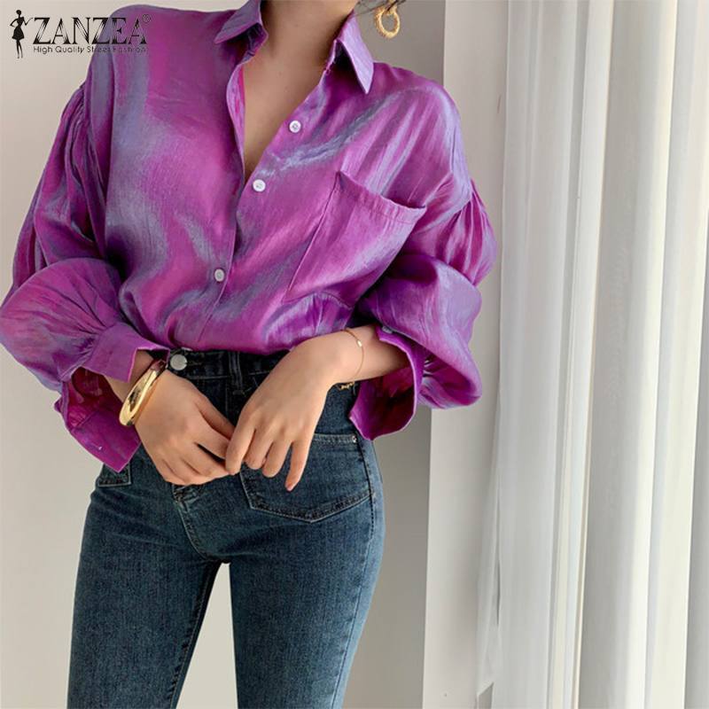 Womens 2022 Fashion Bright Blouse ZANZEA Gradient Color Shirts Female Elegant Lapel Button Blusa Casual Puff Sleeve Top Oversize