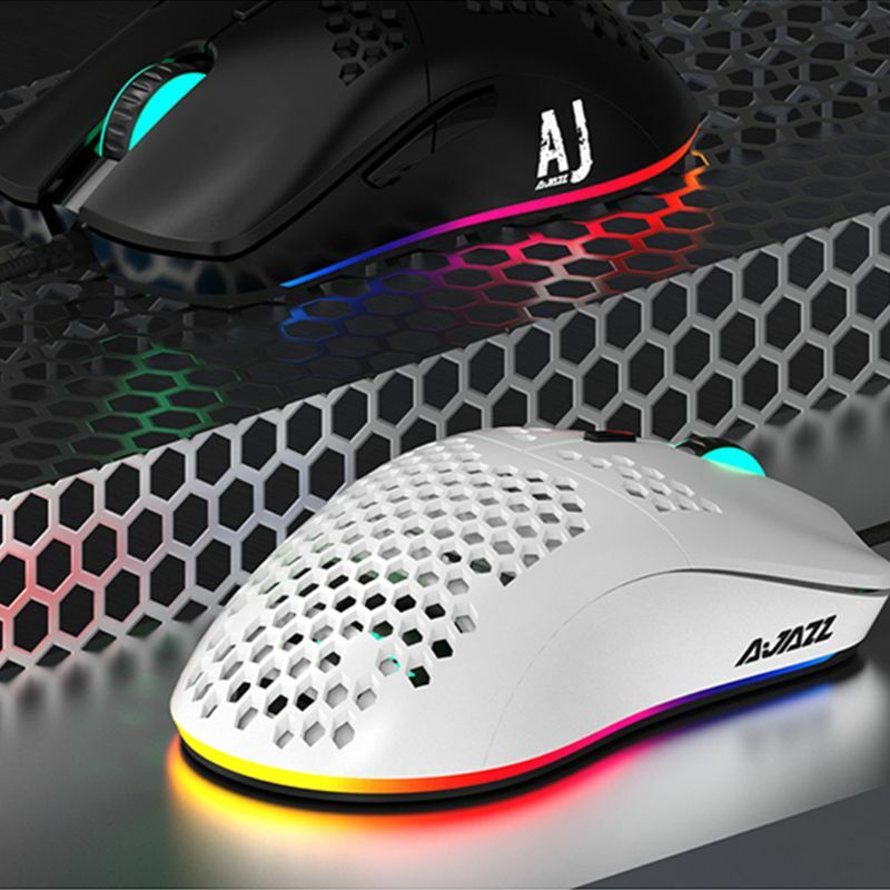 Aj390r aj390 novo leve mouse com fio oco-para fora gaming mouce ratos 6 dpi ajustável 7key aj390r