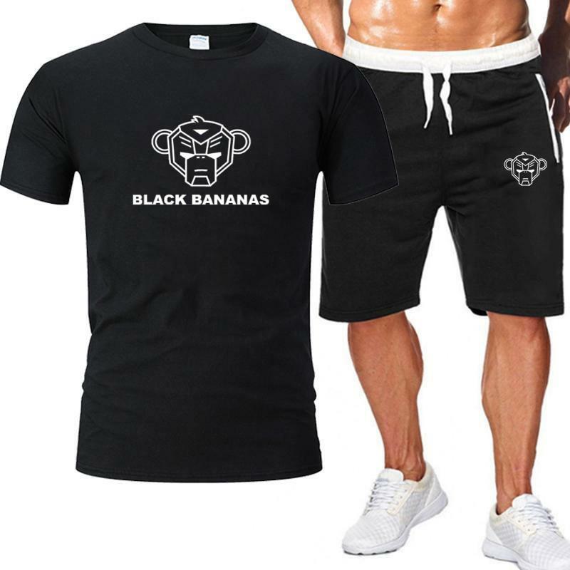 2021男性2ピースセット印刷半袖パンツ夏のランニングトラックスーツ新男性tシャツスポーツウェア綿トップス黒バナナ
