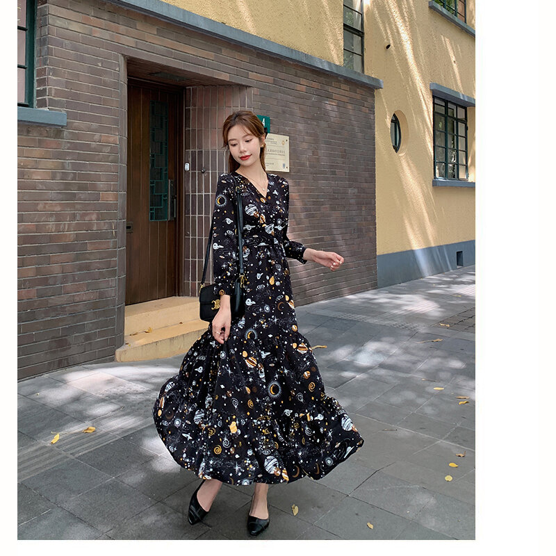 Hebe & Eos الخريف الأزهار طباعة مثير الخامس الرقبة امرأة ماكسي فستان أنيق طويل فساتين الشيفون قطعة واحدة فستان بكم طويل Vestidos 2021
