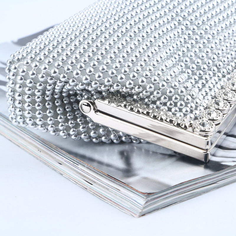 Bolsa de cena con cuentas de aluminio, bolso de mano de hoja de aluminio, bolso de fiesta de cristal, bolso de un solo hombro