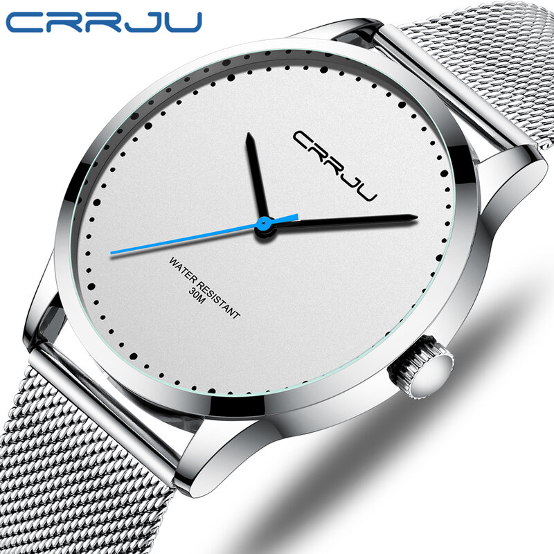 Crrju Sport Casual Horloge Man Rvs Waterdichte Quartz Horloges Bedrijvengids Classic Sliver Wit Relogio Masculino