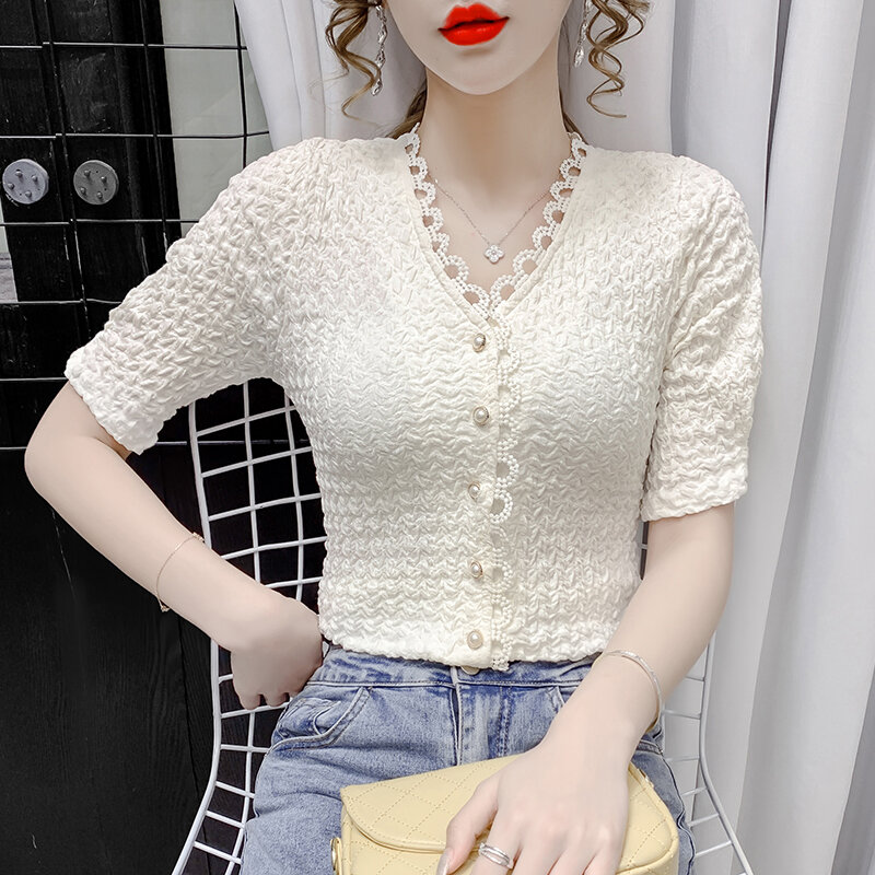 Camisa de renda francesa com decote em v, camisa feminina, novo design de nicho de manga curta, blusa curta de verão 2021