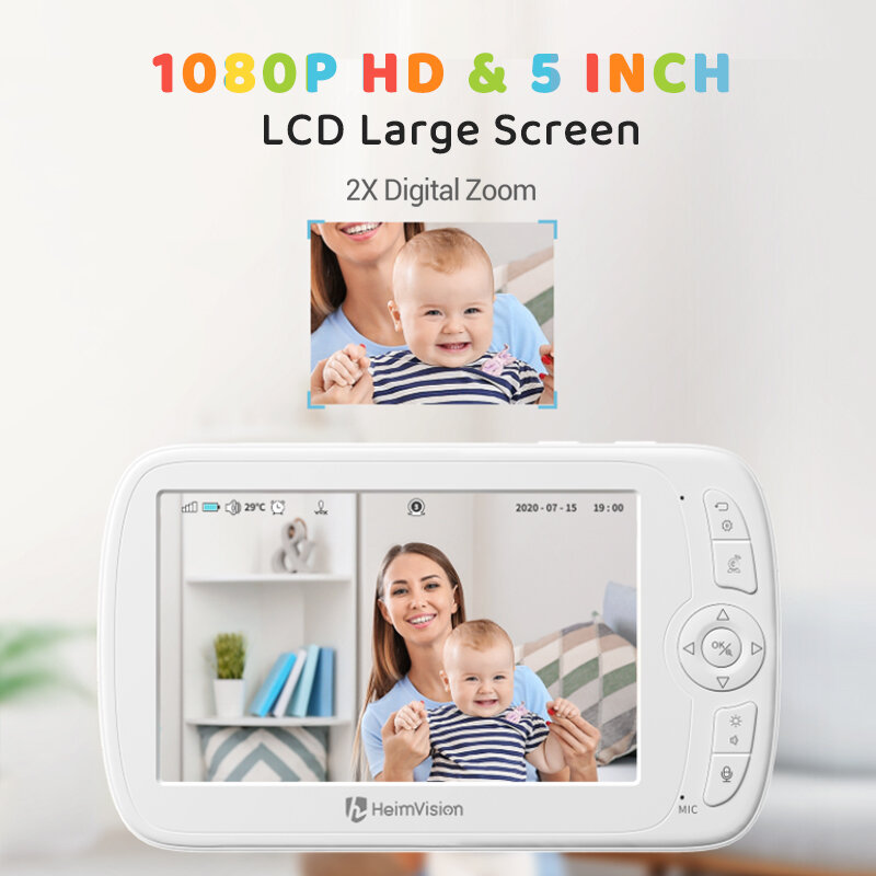 Pantalvision Soothe 3 1080P Baby Monitor con fotocamera schermo da 5.0 pollici visione notturna PTZ Zoom 2 vie Audio VOX ninna nanna SD Card Record