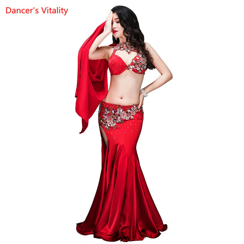 Nowy 2 kawałek kobiet luksusowy orientalny kostium taniec biustonosz panel poza egiptem, pokaz taneczny wydajność czerwona sukienka, fioletowy, royal blue