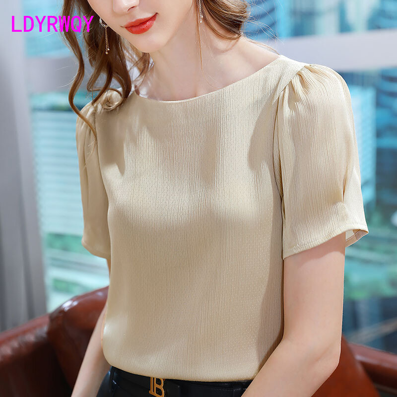 LDYRWQY  2021 summer new style Korean temperament one-shoulder short-sleeved retro puff sleeve solid color chiffon shirt