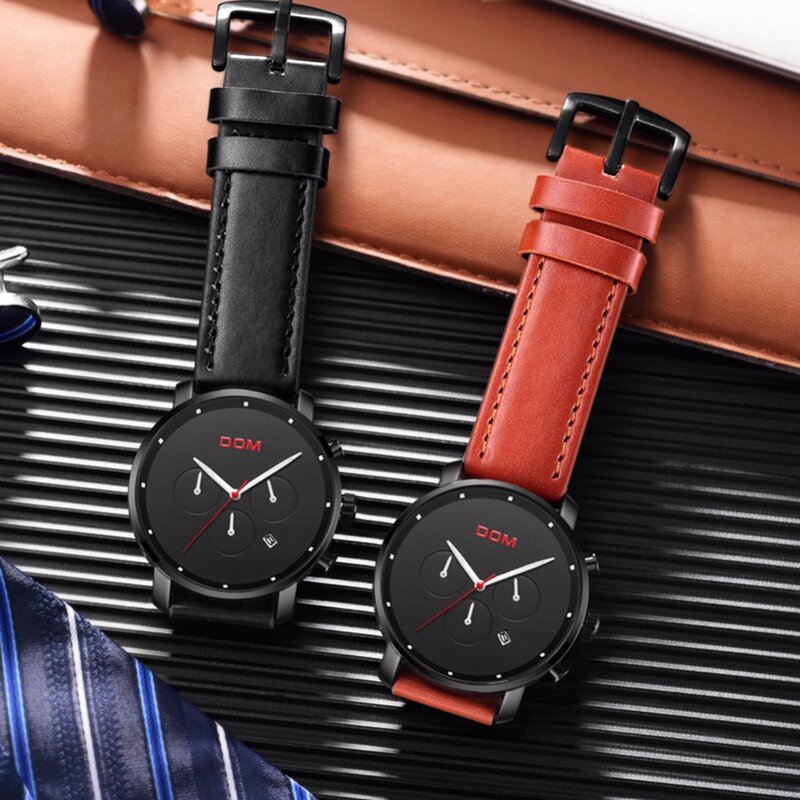 Часы DOM мужские с хронографом, брендовые Роскошные модные водонепроницаемые спортивные, в стиле милитари, с кожаным ремешком