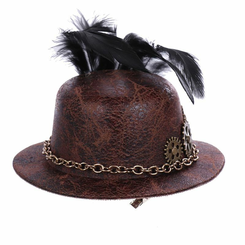 Mini sombrero gótico de Halloween para mujer, con engranajes estilo Steampunk, cadena, pluma, flor, Fascinator, pinza para el pelo, disfraz de Cosplay victoriano