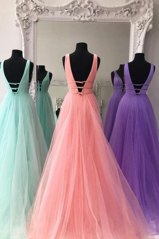 2020 Long Tulle Double V Neck Prom Dresses A Line Sleeveless Formal Evening Party Gowns Robe De Soiree