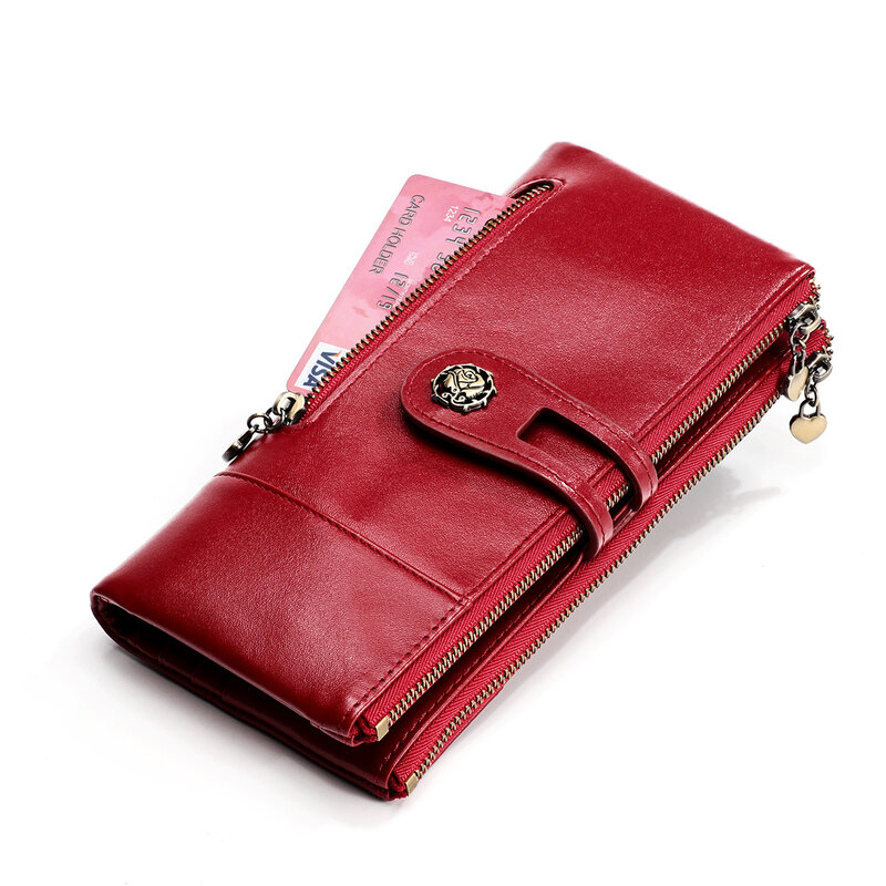 100%Cow Leather Women's Wallet RFID Blocking Luxury Clutch Bag Coin Purses Passport Cover High Capacity Cardholders Female Bag