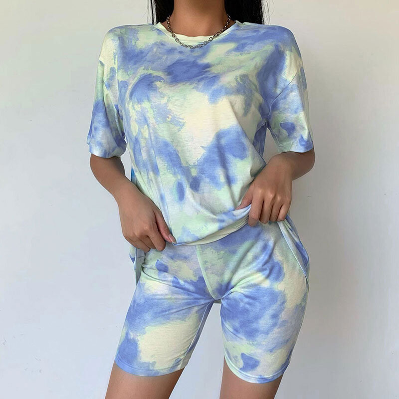 Sweetown Casual Tie Dye Two Piece Set Matching Sets Women Clothing Short Sleeve Oversized Tshirt And Shorts Set Track Suits