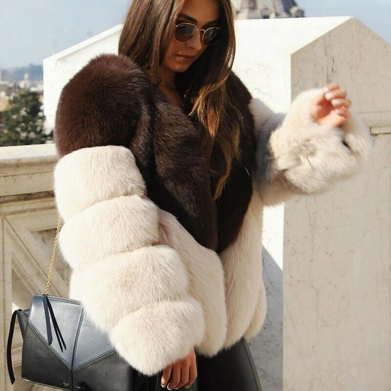 2020 NEW Natural Short Faux Fox Fur Coat For Women With Stand Collar Thick Warm Winter Genuine fake Fox Fur Jacket High Quality