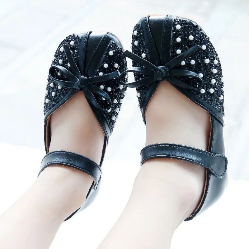 Girl Soft Soled Rhinestone Fashion Leather Shoes Pumps Birthday Christmas Party Autumn Spring Bowknot Non-slip Single Shoes