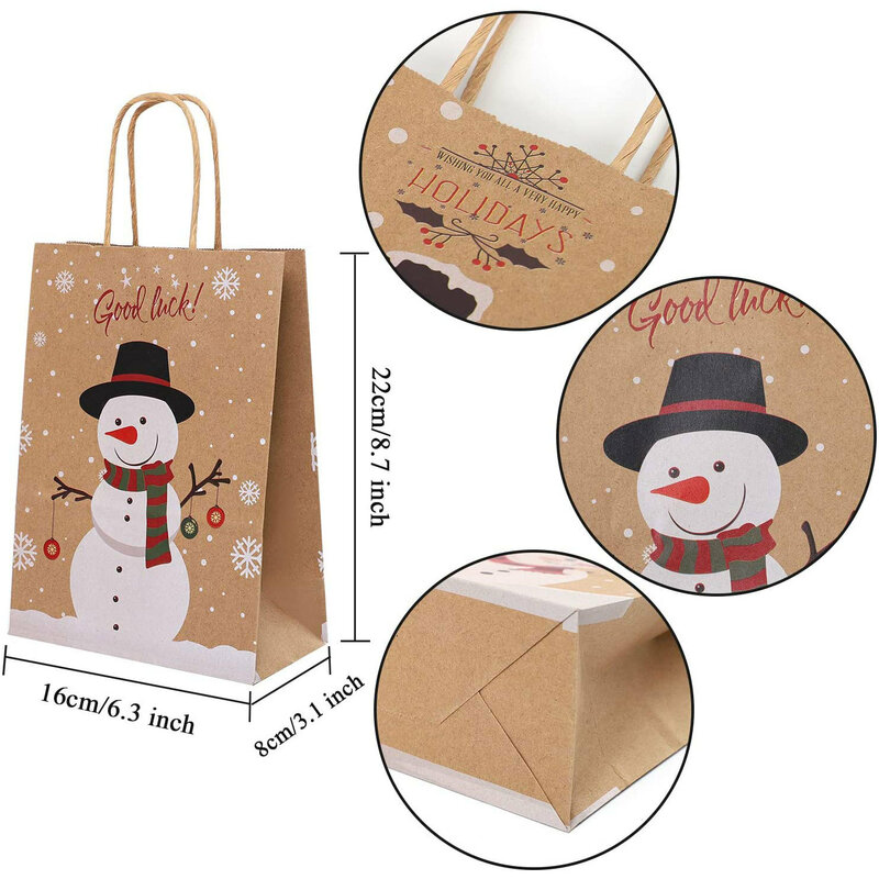 10Pcs/lots Cartoon Snowman Kraft Paper Bags with Handle Merry Christmas Packaging Bags Patry Wedding Gifts Portable Paper Bag