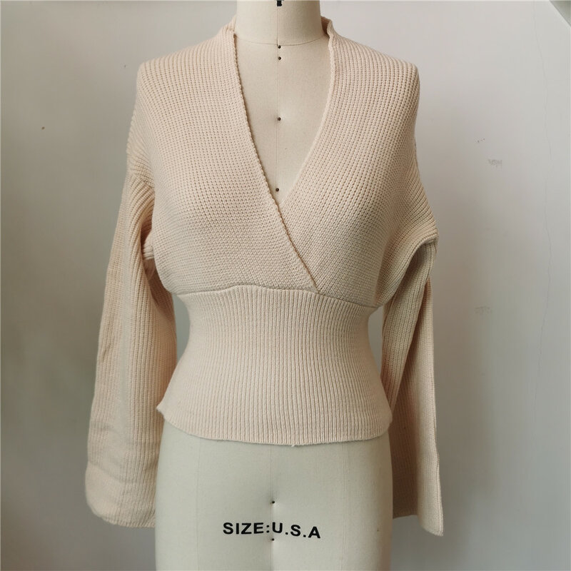 스웨터, 2021 년 가을/겨울 신상품, 단색, v넥, 섹시한 크로스오버 패션, 루즈한 배트 슬리브, 여성 의류, 한국 디자인