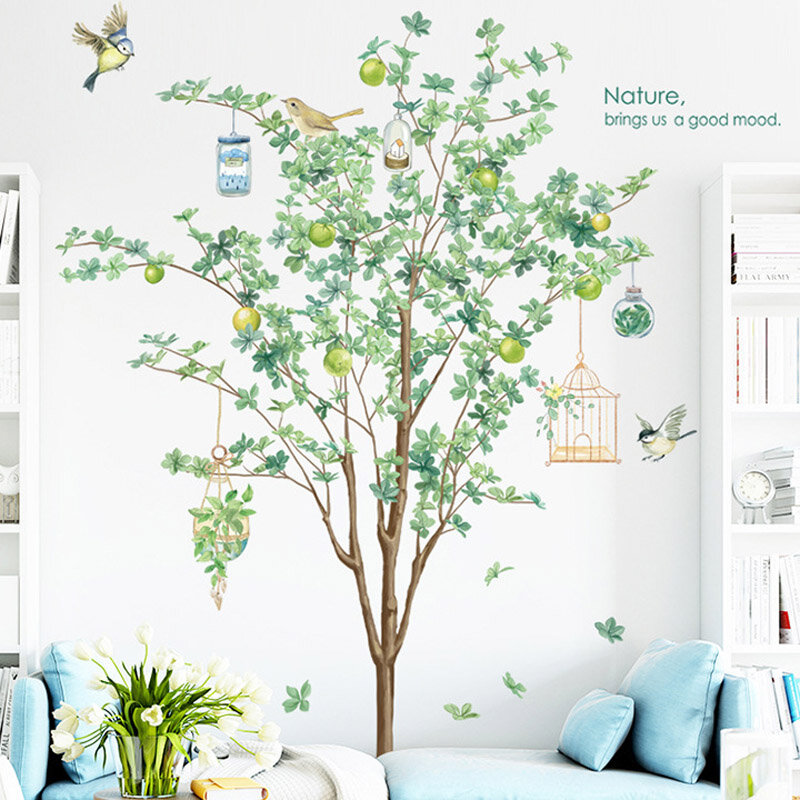 Sala de estar árvore verde adesivo parede casa decoração auto adesivo natureza planta mural da parede para o quarto