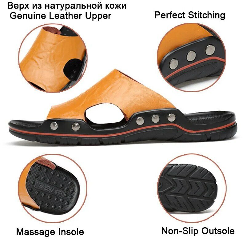 Summer Men Slippers Genuine Leather Outdoor Shoes Soft Slides Big Size 47 Casual Slippers Breathable Driving Shoes Beach Shoes