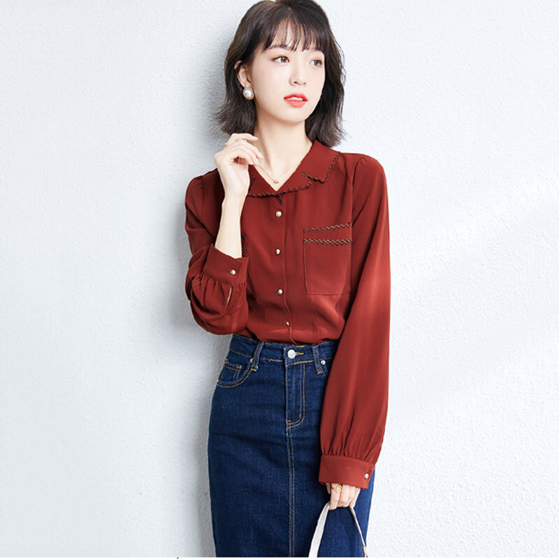 Camisa feminina chiffon gola virada para baixo, camisa feminina manga comprida vermelha vintage para escritório primavera 2021