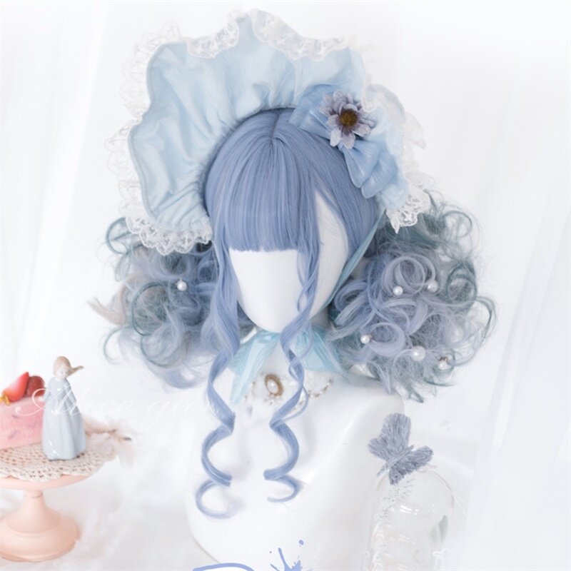 CosplayMix – perruque synthétique Lolita bleue résistante à la chaleur, 3 styles, ombré, longue/courte, bouclée, pour fête de noël