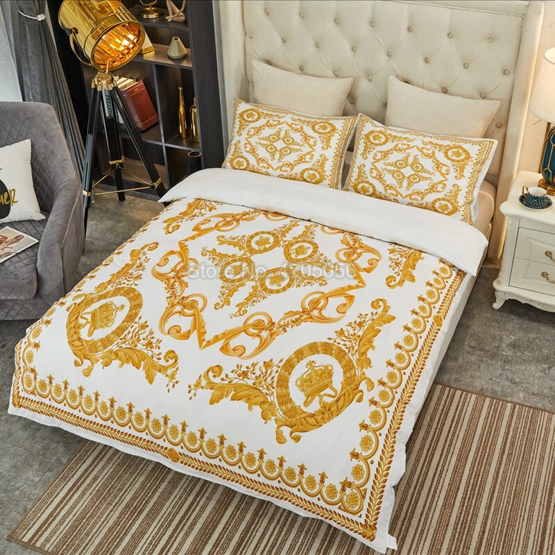Presentes de luxo estilo europeu, conjunto de cama barroco, branco, dourado, macio, confortável, capa de edredom, fronha, 3 peças