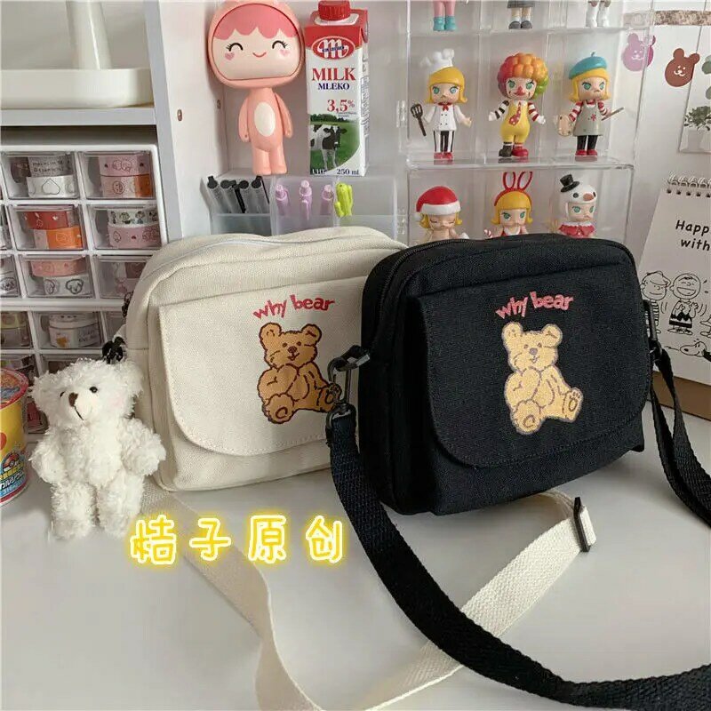 Luxury Canvas Shoulder Bag Korean Zipper Women Messenger Bags Designer Women Bear Bag Female Simple Handbag Cute Printing Tote