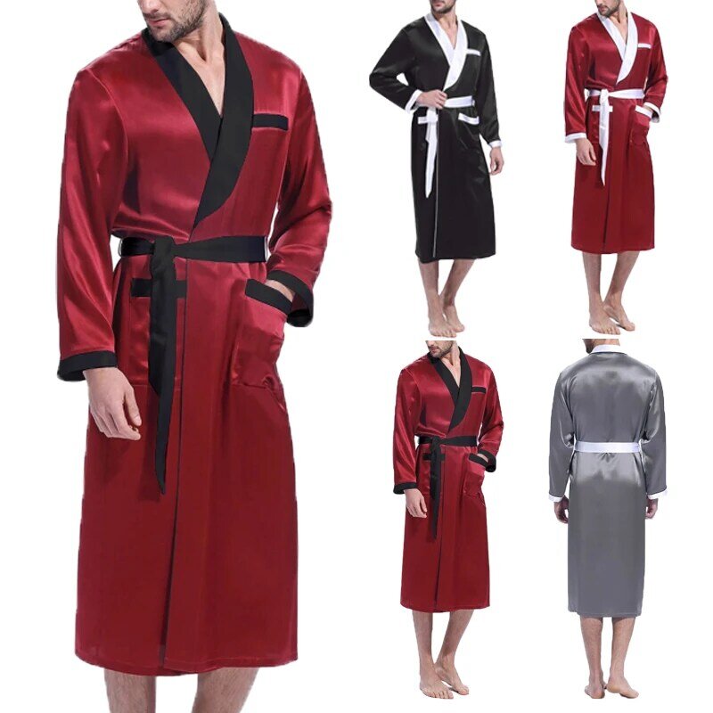 INCERUN Men Comfy Sleepwear Casual Long Sleeve V Neck Bathrobes Man Loose Patchwork Nightgown Fashion Lace Up Dressing Gown 5XL