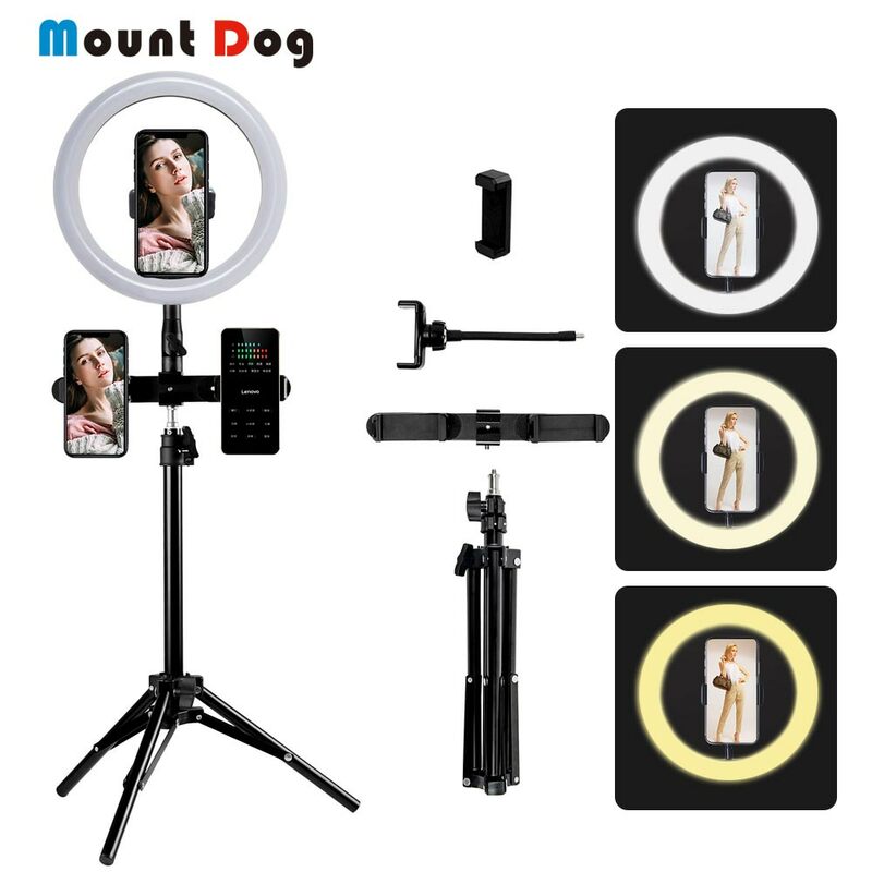 Moutdog anel de luz led para câmera, anel de luz de 10 polegadas ou 26cm, regulável, para selfie, iluminação de maquiagem, com suporte para tripé