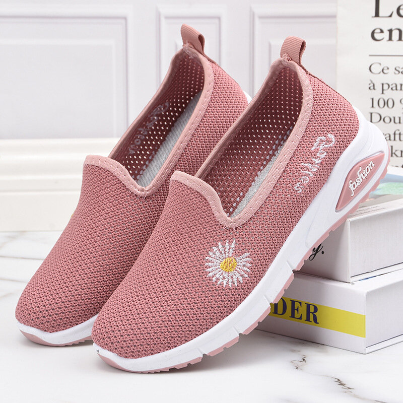 Zapatos planos de malla para mujer, a la moda Zapatillas de deporte con flores, informales, para correr, novedad de verano 2021