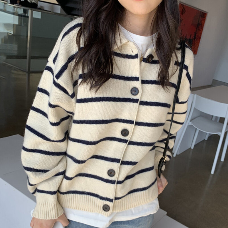 Chaqueta coreana para mujer, suéter elegante, Simple, con solapa perezosa, a rayas, manga larga de punto