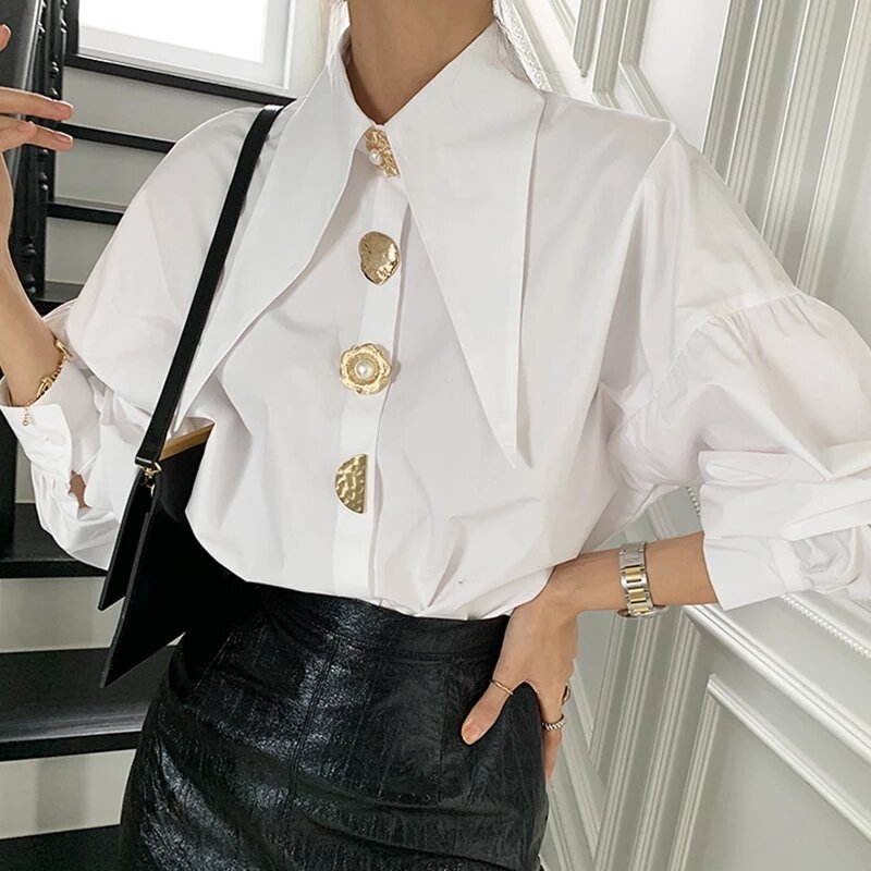 Женская однобортная блузка, белая Свободная рубашка в минималистичном стиле с длинным рукавом-фонариком и острым воротником, осень 2021