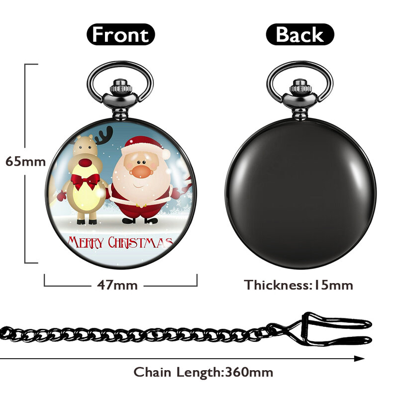 Black Merry Christmas Pocket Watch Vintage Antique Retro Analog Quartz Watches Santa Claus Necklace Chain Pendant Gift