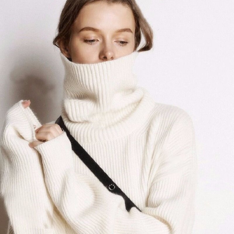 Deeptown Turtleneck Wool Knitted Sweater Women Oversized Solid Thick Harajuku Fashion Pullover Autumn Winter Long Sleeve Jumper