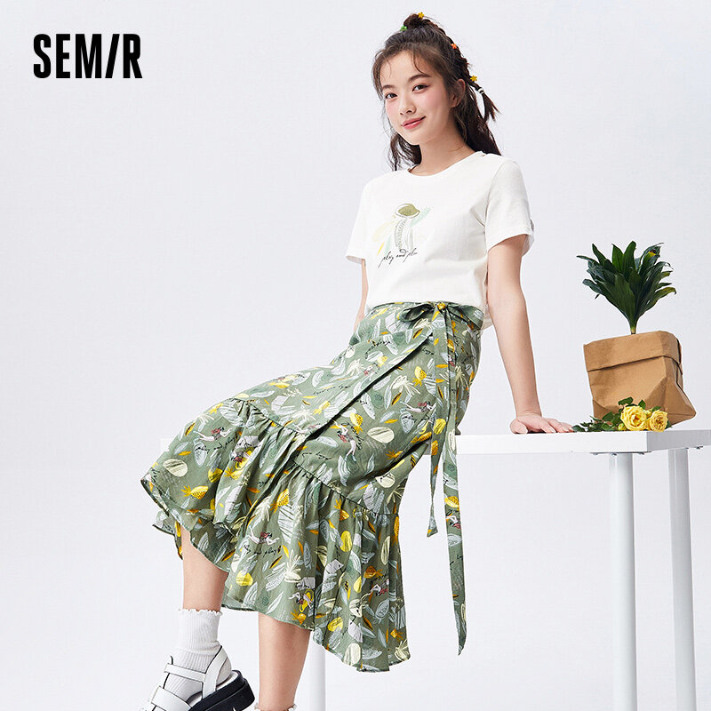 SEMIR-Camiseta de manga corta de algodón con agujeros para mujer, conjunto de ropa con estampado romántico, falda con lazo, nuevo estilo, verano 2021
